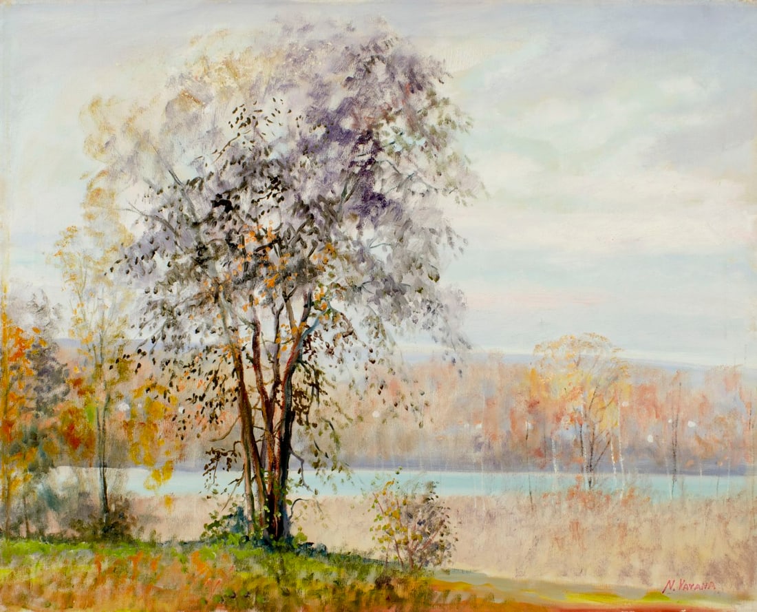 Nunzio Vayana (FL,ME,Italy,1878-1960) oil painting: ARTIST: Nunzio Vayana (Florida, Maine, Italian, 1878 - 1960) TITLE: Autumn River Landscape MEDIUM: oil on canvas CONDITION: Some flaking/paint losses mostly in the upper lef