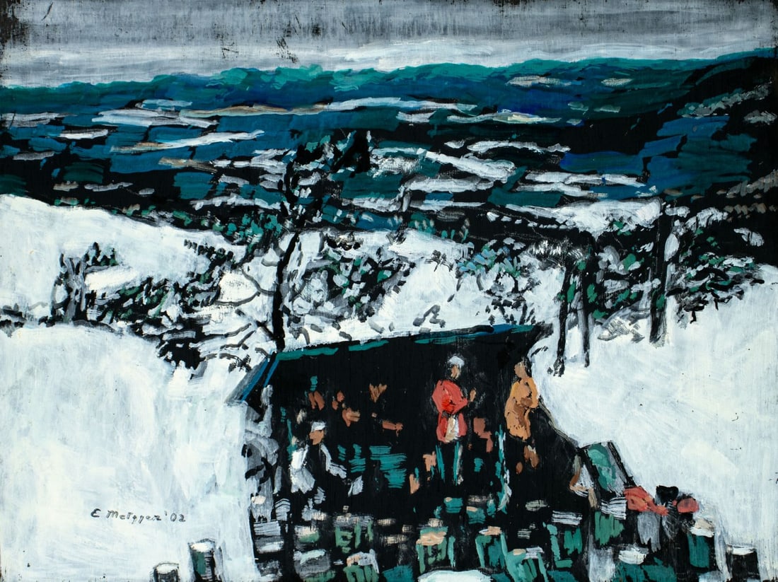 Evelyn Metzger (NY,Brazil,1911-2007) oil painting: ARTIST: Evelyn Borchard Metzger (New York, Brazilian, 1911 - 2007) TITLE: Winter Coastal Landscape YEAR: 2002 MEDIUM: oil on board CONDITION: Some scratc