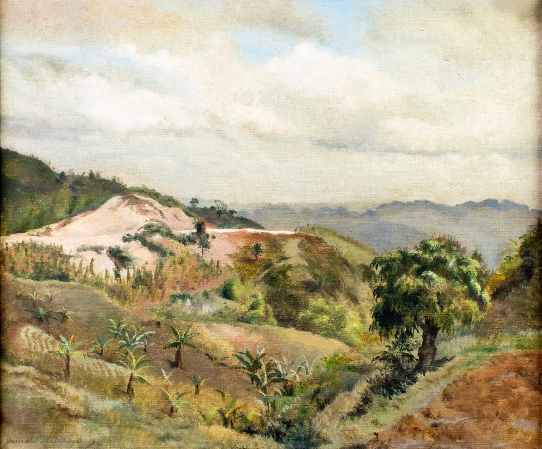 Denise Williams (UK,mid 20C) oil painting: ARTIST: Denise Williams (English, mid 20 century) TITLE: Landscape - In the Hills, Jamaica (titled on label) MEDIUM: oil on canvas CONDITION: Few very minor paint losses. No