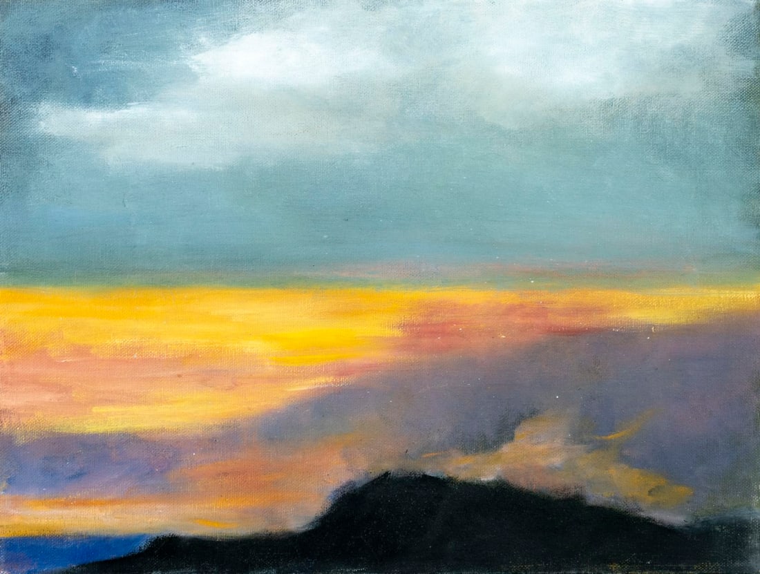 Vintage 20C American oil painting: ARTIST: - (United States, 20 century) TITLE: Sunset Mountain Landscape YEAR: circa 1992 MEDIUM: oil on canvas CONDITION: Some faint scratches. No visible