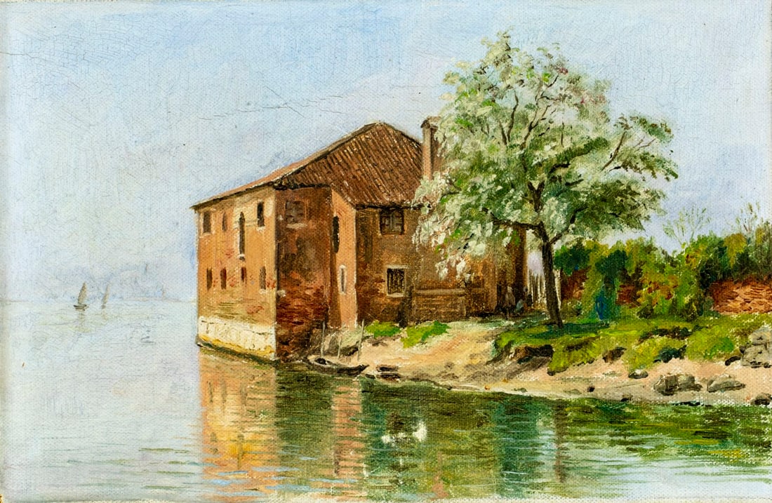 Antique 19C American oil painting: ARTIST: - (United States, 19 century) TITLE: Coastal Landscape with Cottage MEDIUM: oil on canvas CONDITION: Minor damages to corners. Some small paint losses. Minor craquel