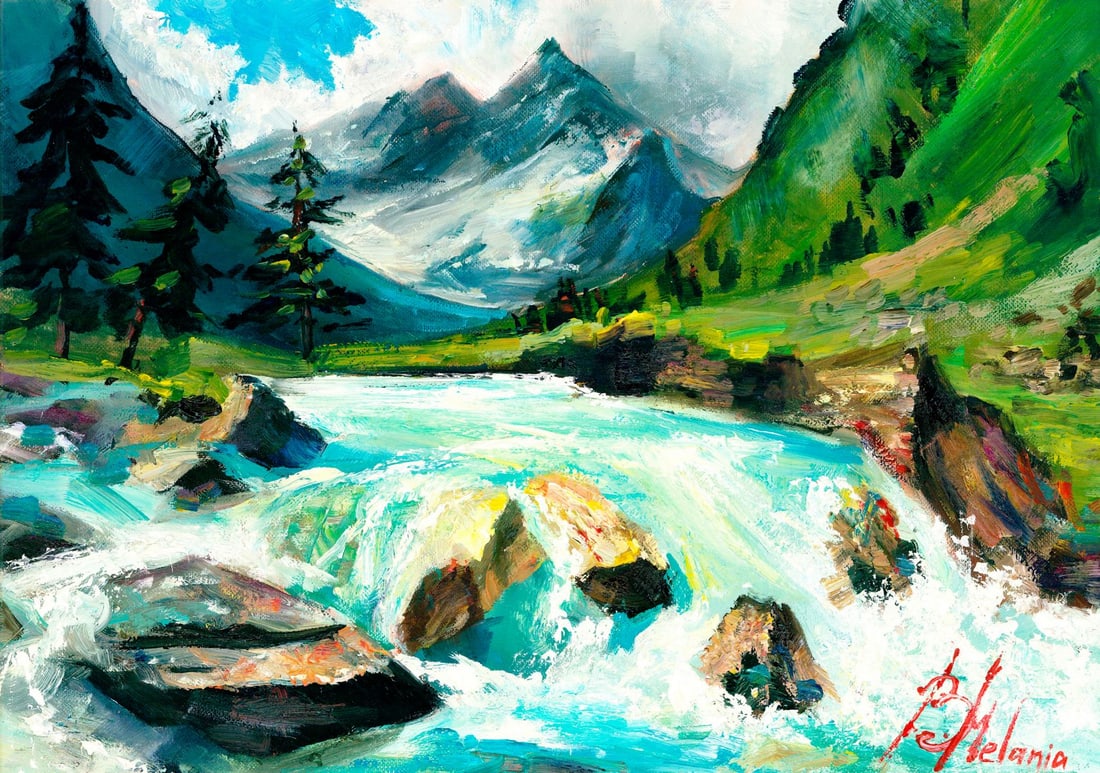 Melania Balanyuk (Ukraine,20/21C) oil painting: ARTIST: Melania Balanyuk (Ukraine, 20/21 centuries) TITLE: Mountain River Landscape MEDIUM: oil on heavy paper CONDITION: Very good. No visible inpaint under UV light.