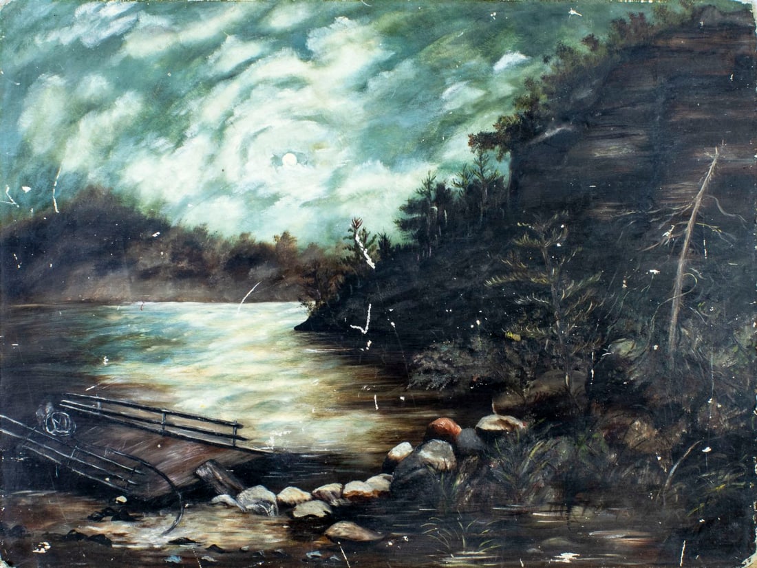 Antique 19C American oil painting: ARTIST: - (American, 19 century) TITLE: Moonlit River Landscape YEAR: circa 1900 MEDIUM: oil on board CONDITION: Some damages to corners. Some scratches/