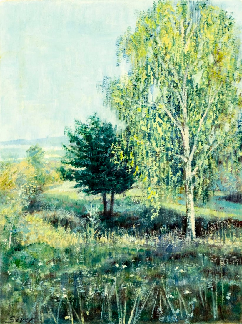 V Sever (Europe,20C) oil painting: ARTIST: V Sever (European, 20 century) TITLE: Summer Landscape MEDIUM: oil on canvas CONDITION: Unstretched (In-House stretching available) (In-House stretching available).