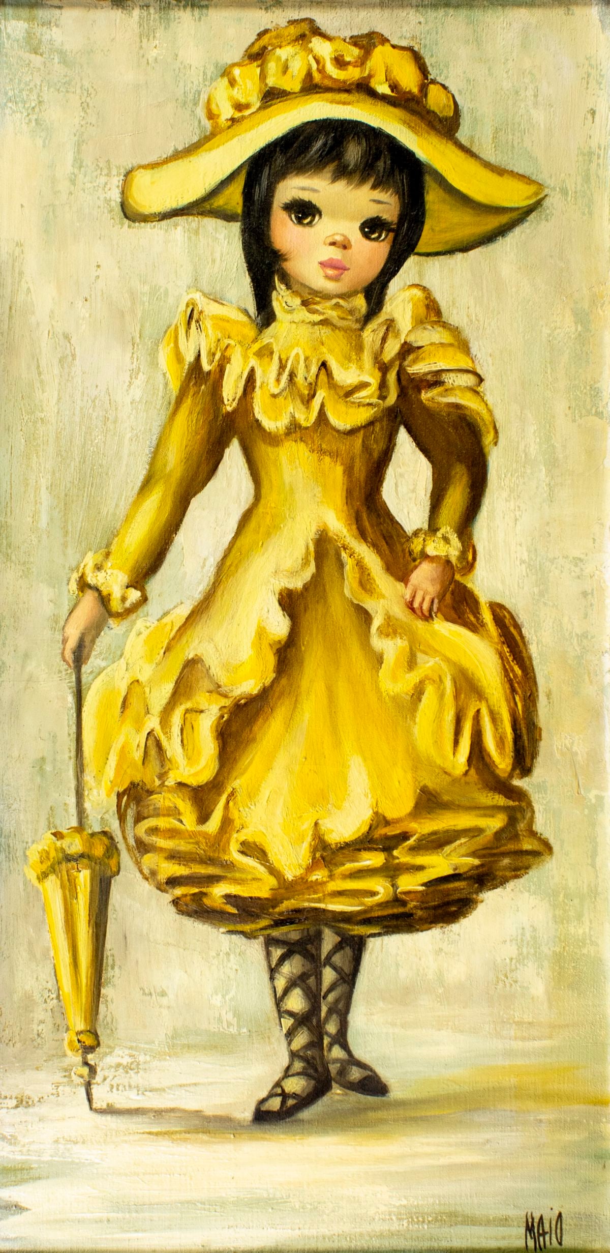Jean Maio (US,1924-1987) oil painting: ARTIST: Jean Maio (American, 1924 - 1987) TITLE: Portrait of Girl in Yellow Dress MEDIUM: oil on canvas CONDITION: Missing a few flakes of paint. Some craquelure. No visible