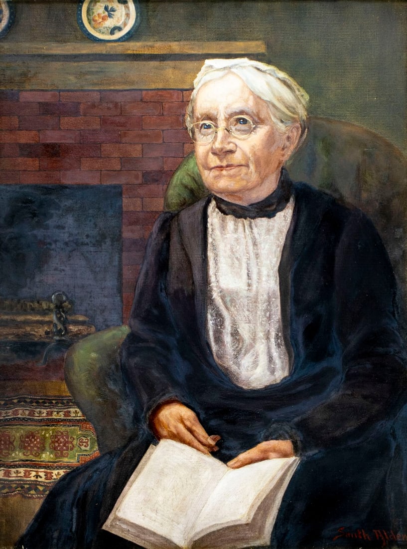 Smith Alden (US,19/20C) oil painting antique: ARTIST: Smith Alden (American, 19/20 centuries) TITLE: Portrait of Eliza Romer Pierson MEDIUM: oil on canvas CONDITION: Overall good. No visible inpaint under UV light. Some