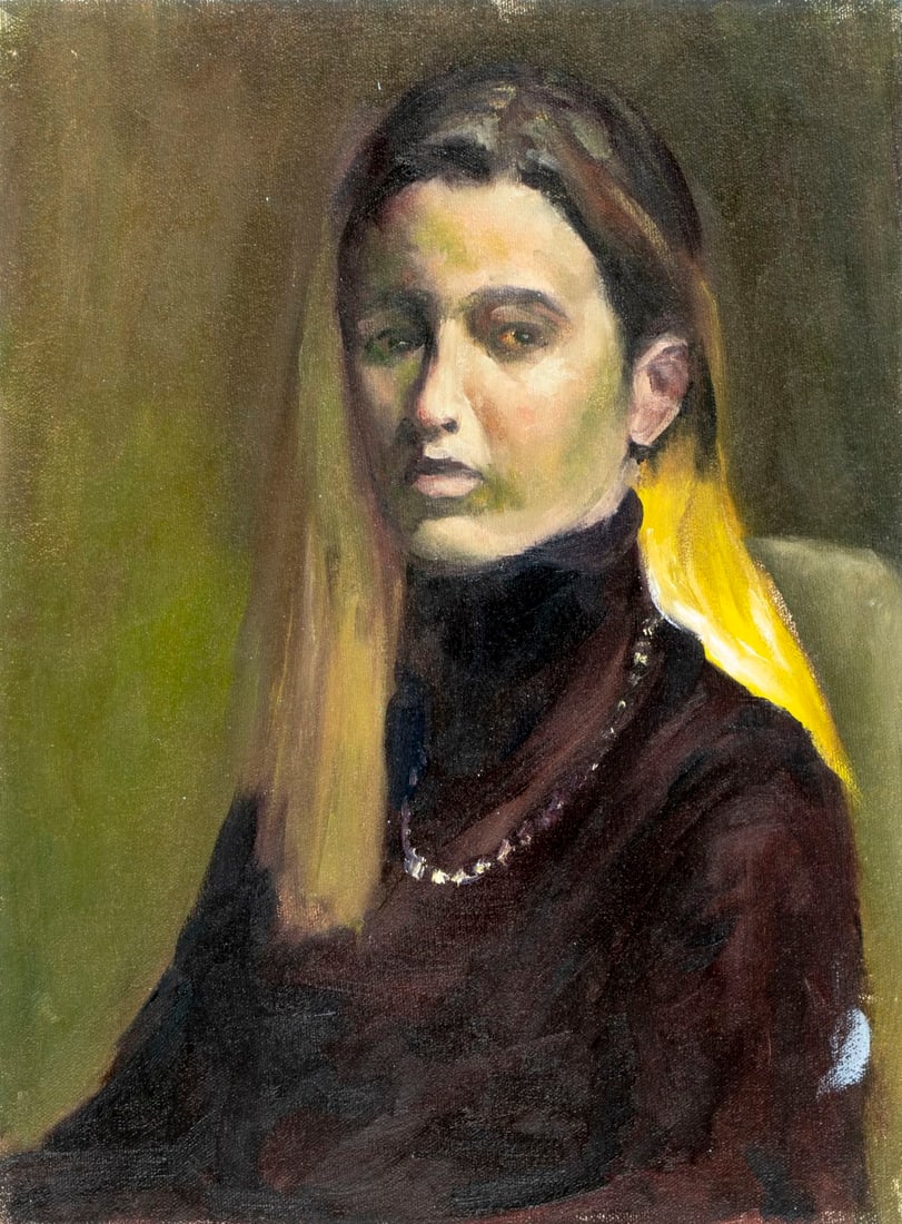 Vintage 20C American oil painting: ARTIST: - (United States, 20 century) TITLE: Portrait of Woman MEDIUM: oil on canvas CONDITION: Few minor paint losses. No visible inpaint under UV light. Normal wear to edg