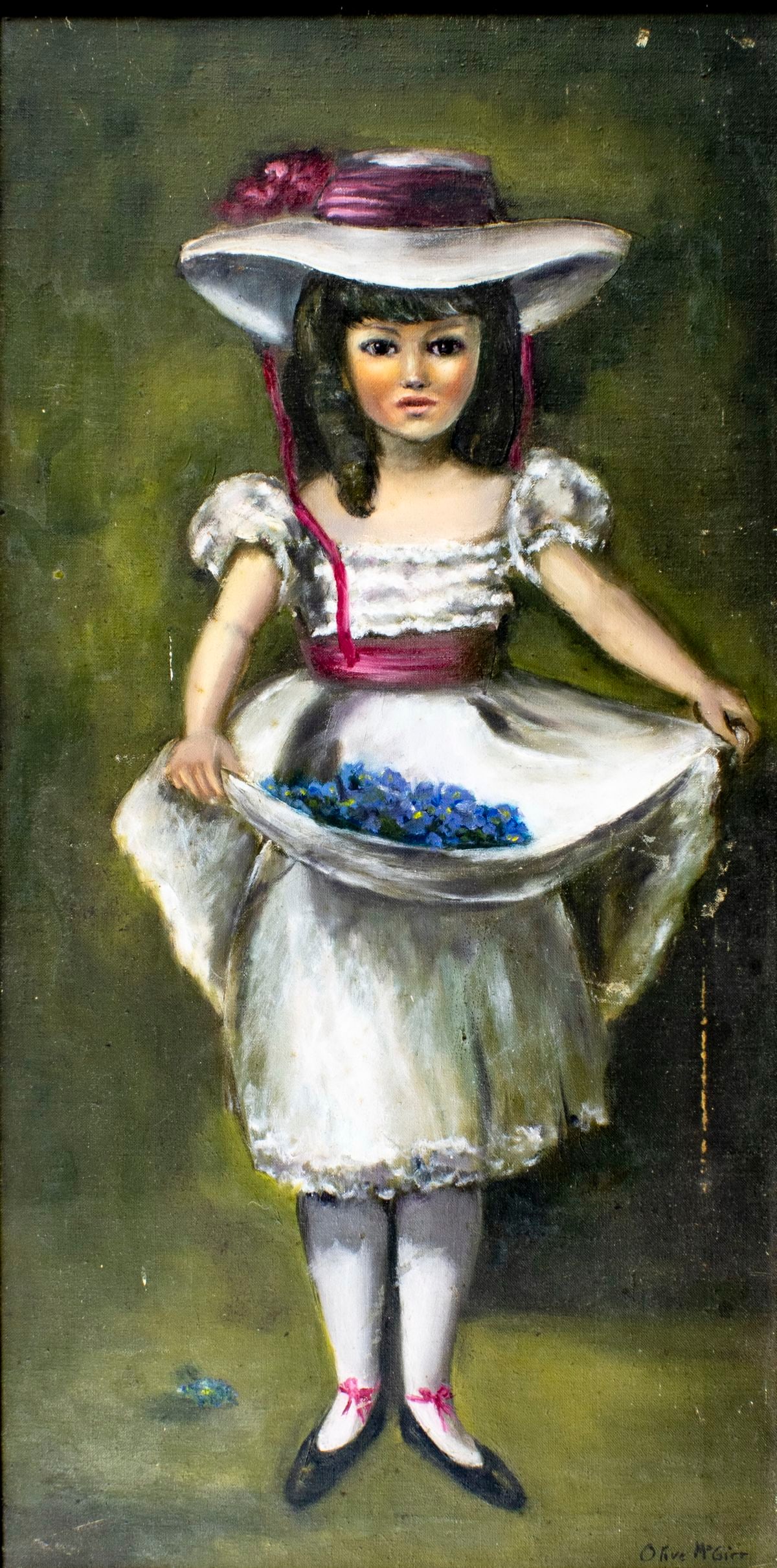Olive McGirr (US,mid 20C) oil painting: ARTIST: Olive McGirr (American, mid 20 century) TITLE: Portrait of Girl with Blueberries MEDIUM: oil on canvas CONDITION: Some scratches/paint losses. No visible inpaint und