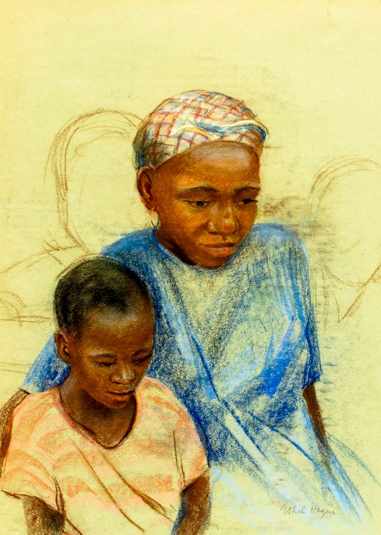 Ethel Hall Hagen (CA,OH,1898-?) pastel painting: ARTIST: Ethel Hall Hagen (California, Ohio, 1898 - ???) TITLE: Portrait of Mother and Son MEDIUM: pastel on paper CONDITION: One small vertical tear to the upper edge. Minor