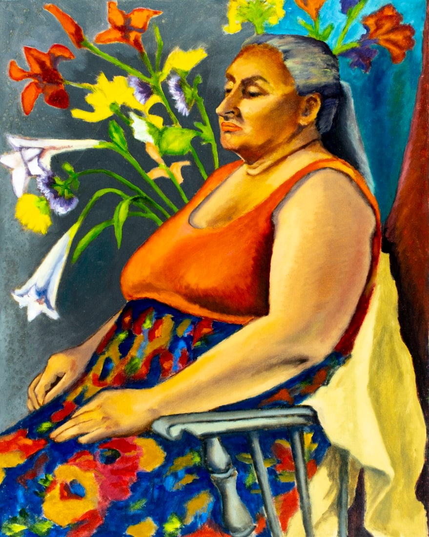 Leslie Lillien Levy (CT,20/21C) oil painting: ARTIST: Leslie Lillien Levy (Connecticut, 20/21 centuries) TITLE: Portrait of Seated Woman with Flowers MEDIUM: oil on canvas CONDITION: Some faint scratches in the upper le