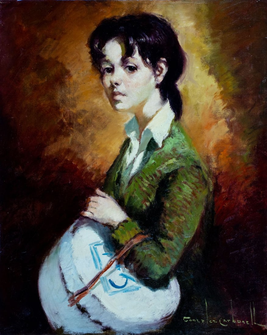 Rosendo Gonzalez Carbonell (Spain,1910-1984) oil painting: ARTIST: Rosendo Gonzalez Carbonell (Spanish, 1910 - 1984) TITLE: Portrait of Woman with Hatbox MEDIUM: oil on canvas CONDITION: Unstretched (In-House stretching available).