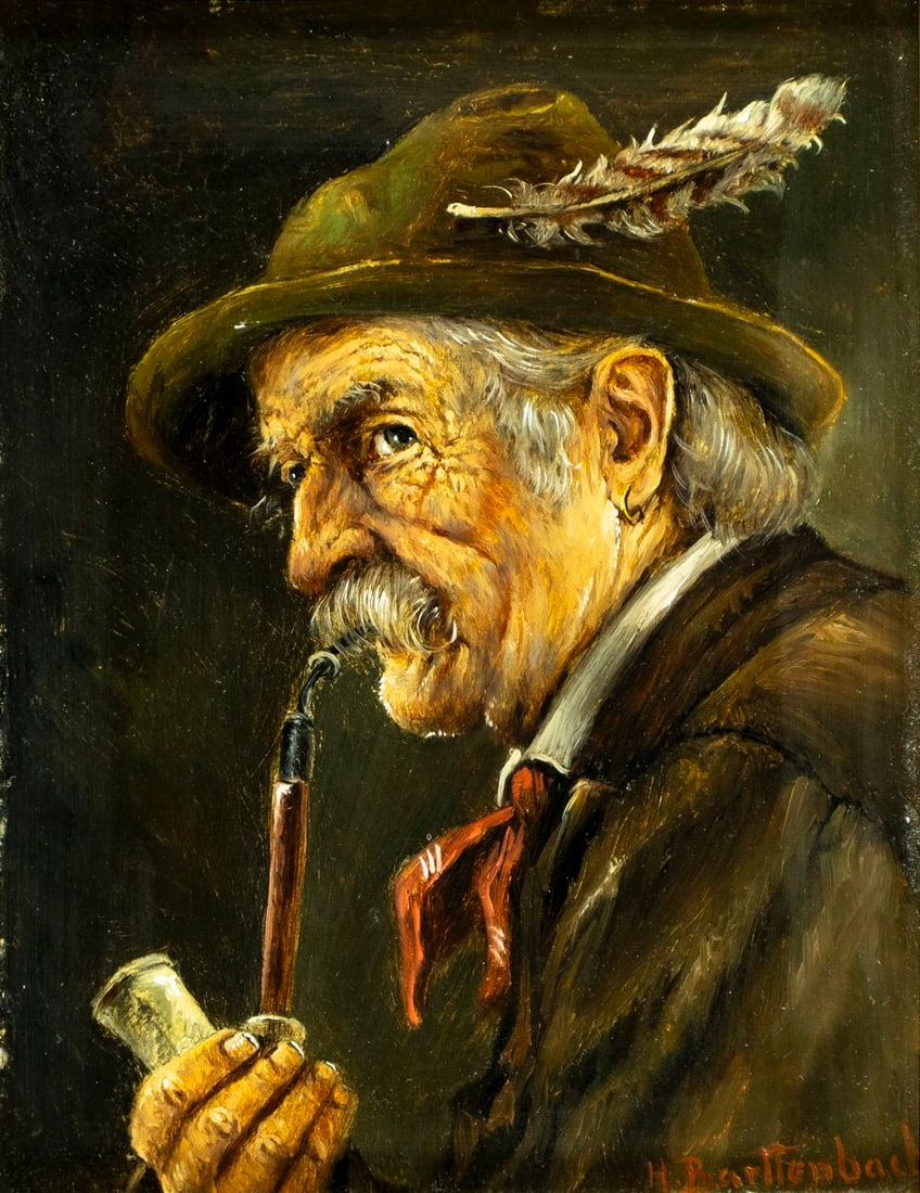 Hans Bartenbach (German,1908-?) oil painting: ARTIST: Hans Barttenbach (Germany, 1908 - ?) TITLE: Portrait of Old Man with Pipe MEDIUM: oil on board CONDITION: Few minor paint losses. Minor craquelure. No visible inpain