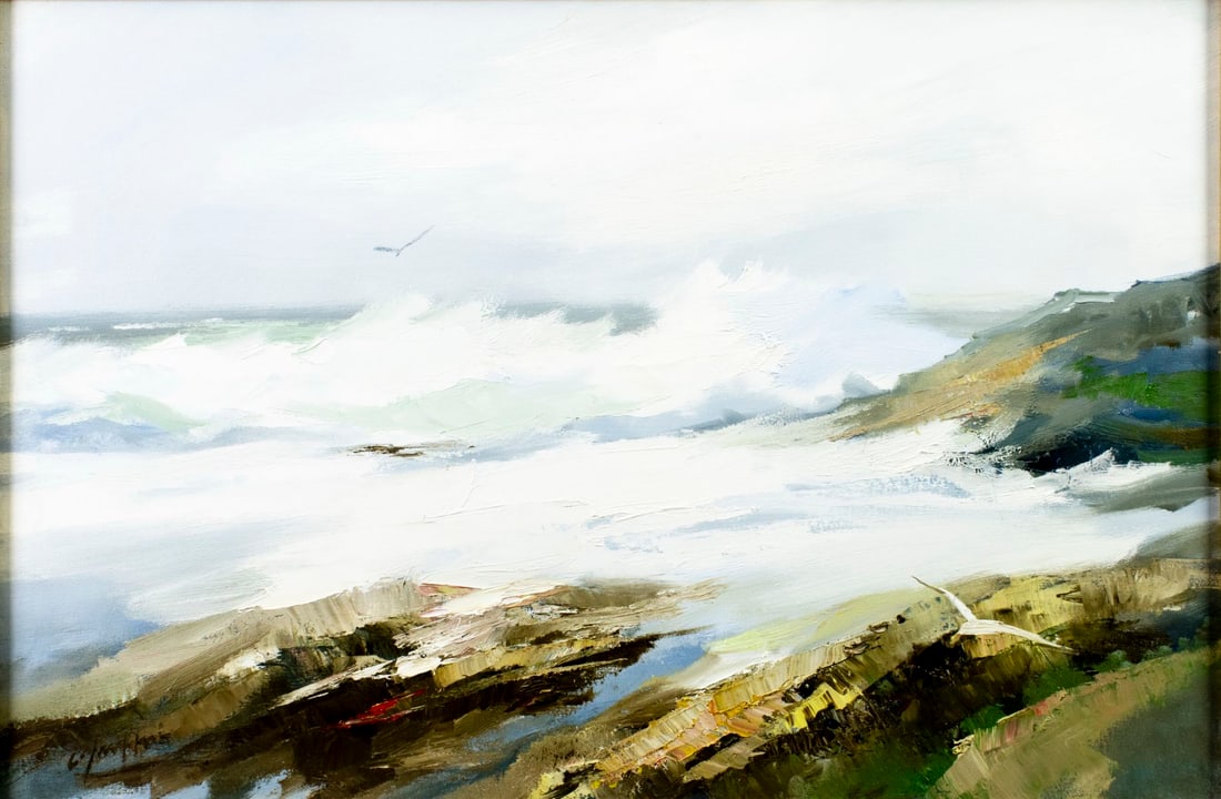 Charles C Gruppe (CT,NY,FL,1928-2019) oil painting: ARTIST: Charles C Gruppe (Connecticut, New York, Florida, 1928 - 2019) TITLE: Rocky Coast Seascape MEDIUM: oil on canvas CONDITION: Missing a few flakes of paint. Some craqu
