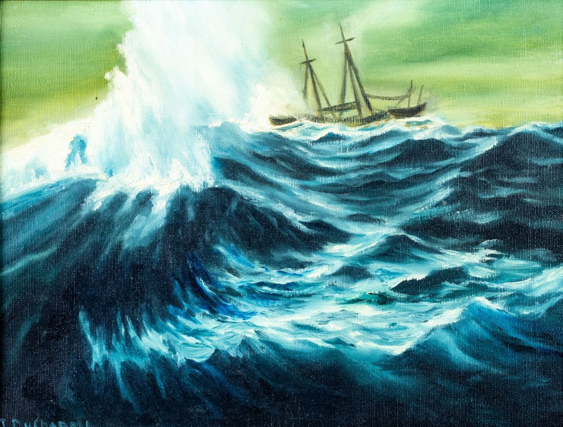 J Ducharme (US,20C) oil painting: ARTIST: J Ducharme (American, 20 century) TITLE: Ship on High Seas MEDIUM: oil on canvas CONDITION: Very good. No visible inpaint under UV light. Wear to frame. A