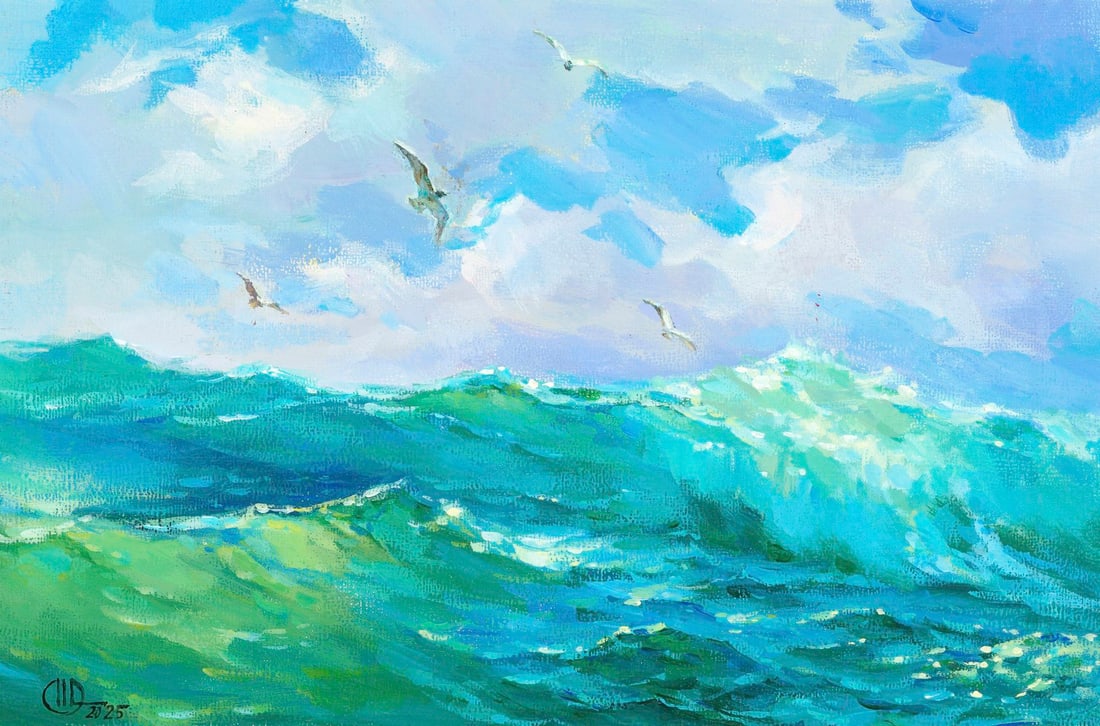 Olena Horbenko (Ukraine,20/21C) acrylic painting: ARTIST: Olena Horbenko (Ukrainian, 20/21 centuries) TITLE: Seascape with Gulls MEDIUM: acrylic on heavy paper CONDITION: Very good. ART SIZE: 8 x 12 inch