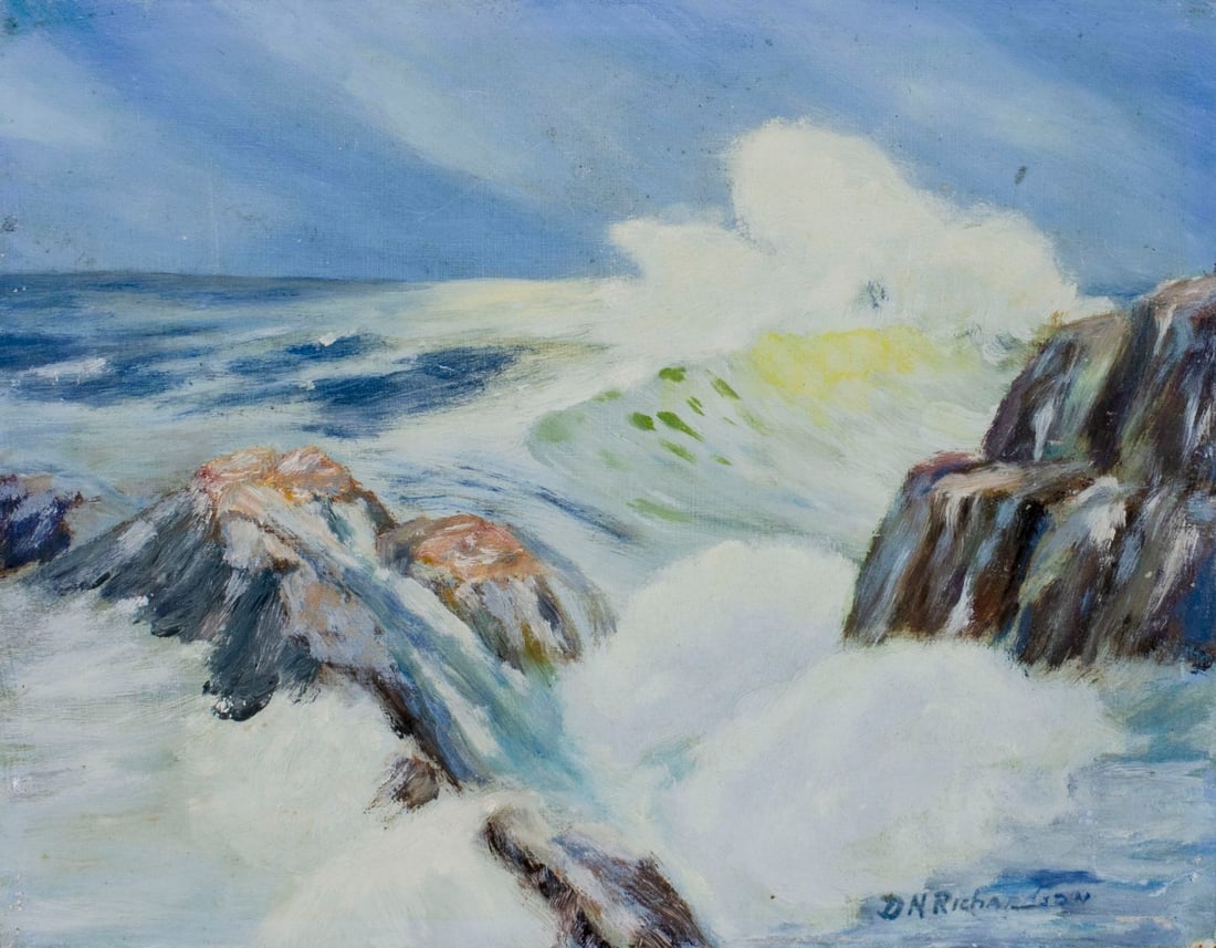 D N Richardson (US,early 20C) oil painting antique: ARTIST: D N Richardson (American, early 20 century) TITLE: Seascape MEDIUM: oil on board CONDITION: Few very minor paint losses. No visible inpaint under UV light. Normal we