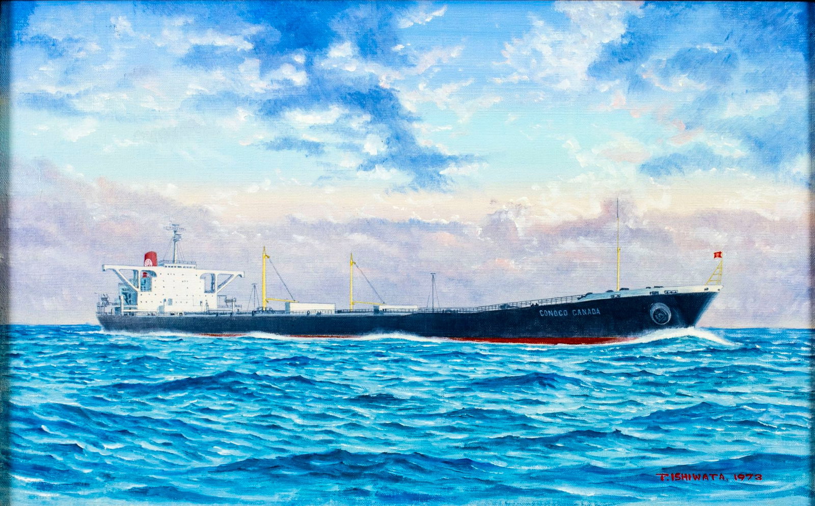 T Ishiwata (Japan,20C) oil painting: ARTIST: T Ishiwata (Japanese, 20 century) TITLE: Ship Conoco Canada YEAR: 1973 MEDIUM: oil on canvas CONDITION: Very good. No visible inpaint under UV li