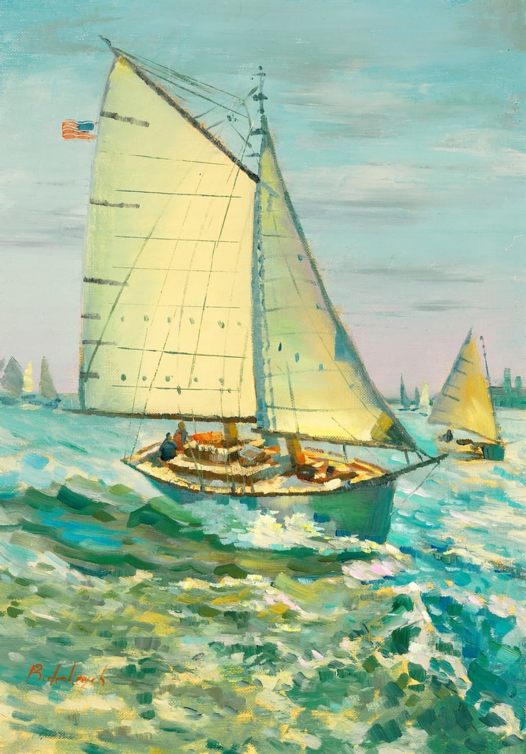 Volodymyr Budenkevych (Ukraine,20/21C) oil painting: ARTIST: Volodymyr Budenkevych (Ukrainian, 20/21 centuries) TITLE: Seascape with Sailboat MEDIUM: oil on heavy paper CONDITION: Very good. No visible inpaint under UV light.<