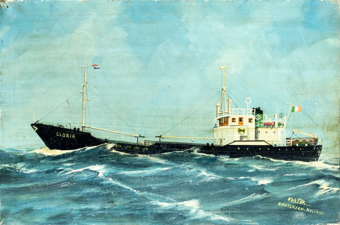 Klaas Koster (Dutch,German,1885-1969) oil painting: ARTIST: Klaas Koster (Netherlands, Germany, 1885 - 1969) TITLE: Ship Gloria MEDIUM: oil on canvas CONDITION: Very good. Minor craquelure. No visible inpaint under UV light.<
