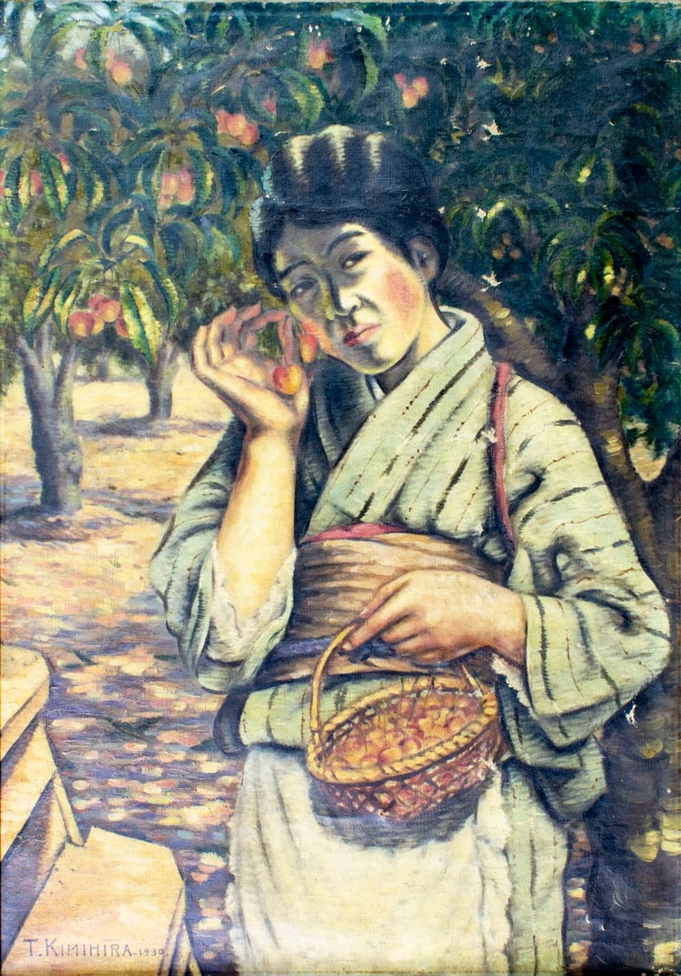 T Kimihira (Japan,early 20C) oil painting antique: ARTIST: T Kimihira (Japanese, early 20 century) TITLE: Japanese Woman in Cherry Orchard YEAR: 1930 MEDIUM: oil on canvas. Canvas applied to board. CONDITION:
