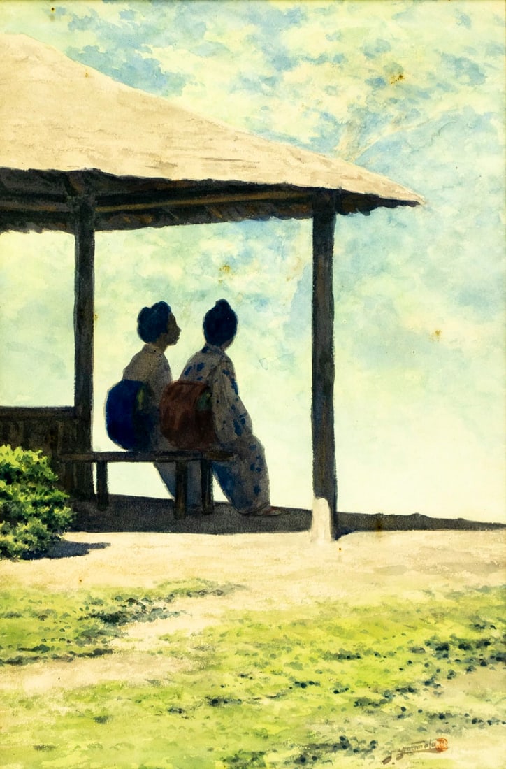 J Yamamoto (Japan,mid 20C) watercolor painting: ARTIST: J Yamamoto (Japanese, mid 20 century) TITLE: Japanese Women in Garden Pavilion MEDIUM: watercolor on paper CONDITION: Some age toning. Some foxing. Framed under glas