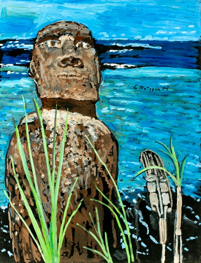 Evelyn Metzger (NY,Brazil,1911-2007) oil painting: ARTIST: Evelyn Borchard Metzger (New York, Brazilian, 1911-2007) TITLE: Moai Statue, Easter Island YEAR: 2003 MEDIUM: oil on board CONDITION: Overall goo