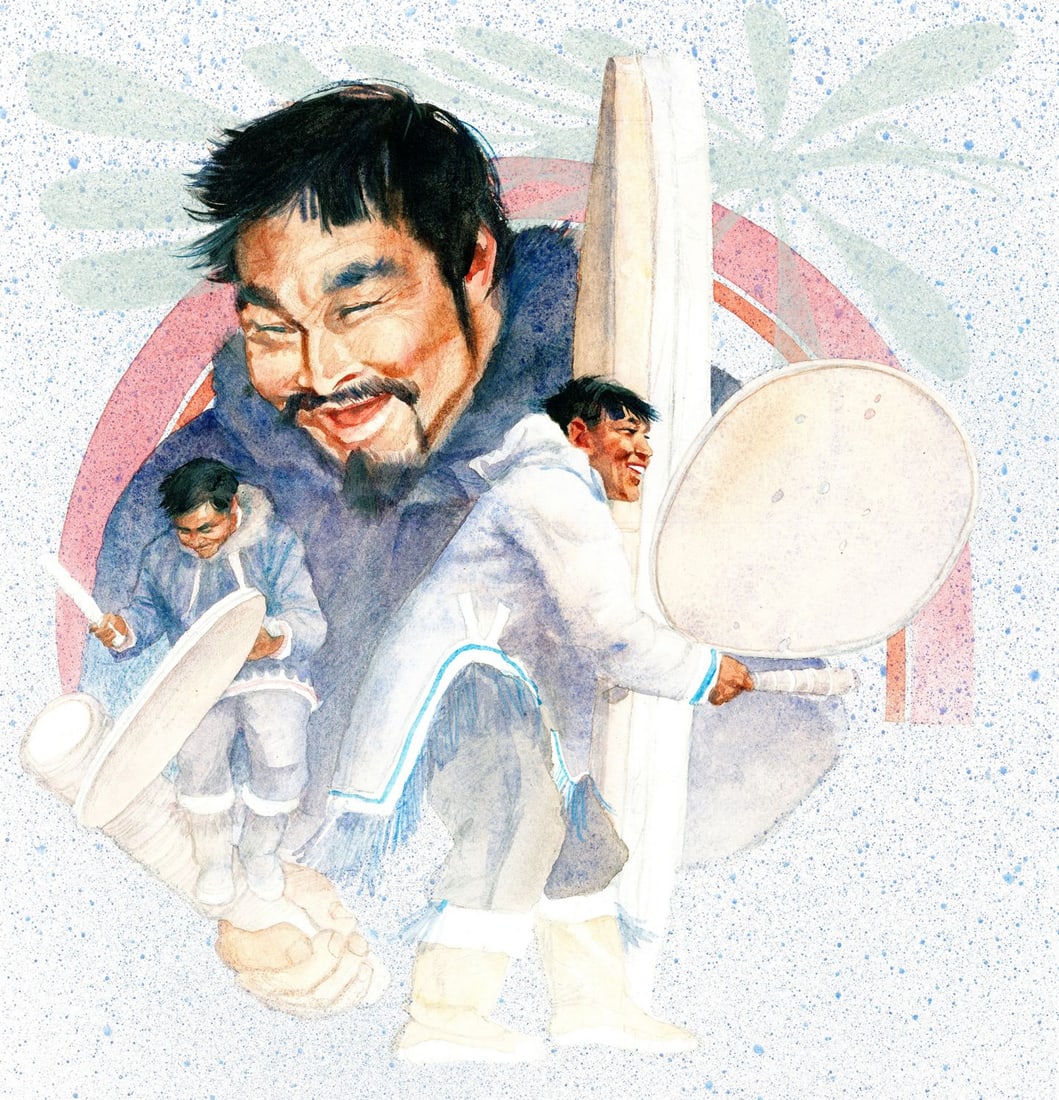 Tom McNeely (Canada,1935-?) watercolor painting: ARTIST: Tom McNeely (Canadian, 1935 - ???) TITLE: Inuit Drum Dance YEAR: 1979 MEDIUM: watercolor on paper CONDITION: One small tear to the lower edge (1"