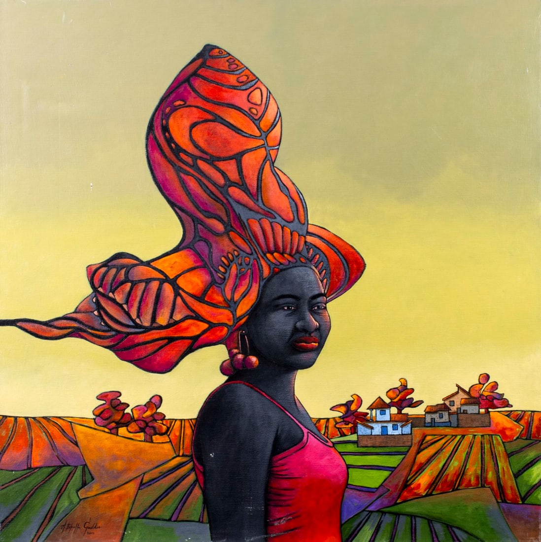 Milton Ramon Estrella Gavidia (Ecuador,b 1969) acrylic painting: ARTIST: Milton Ramon Estrella Gavidia (Ecuador, born 1969) TITLE: African Woman with Headdress YEAR: 2003 MEDIUM: acrylic on canvas CONDITION: Some scrat