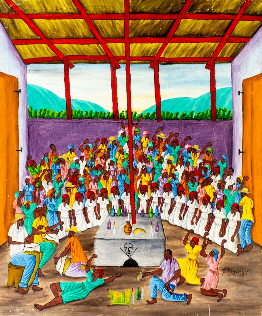 F Dantes (Haiti,20C) oil painting: ARTIST: F Dantes (Haitian, 20 century) TITLE: Haitian Voodoo Ceremony MEDIUM: oil on canvas CONDITION: Some scratches/paint losses. Some craquelure. No visible inpaint under