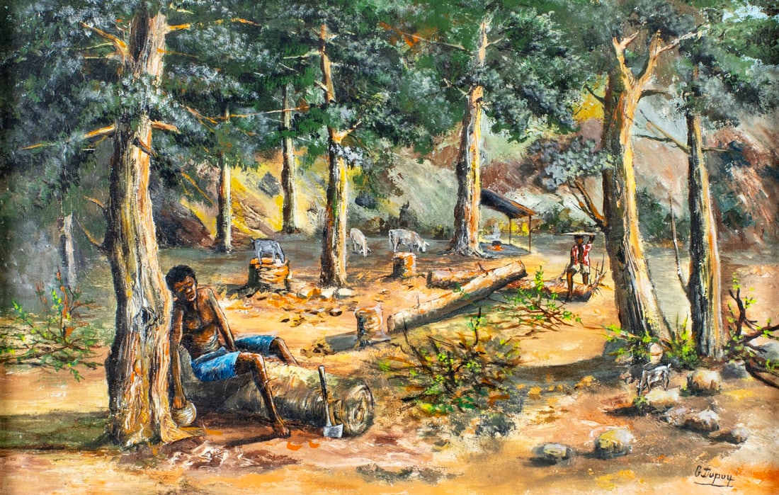 G Dupuy (Haiti,20C) oil painting: ARTIST: G Dupuy (Haitian, 20 century) TITLE: Resting Lumberjack MEDIUM: oil on canvas CONDITION: One small patch. Few minor paint losses. No visible inpaint under UV light.