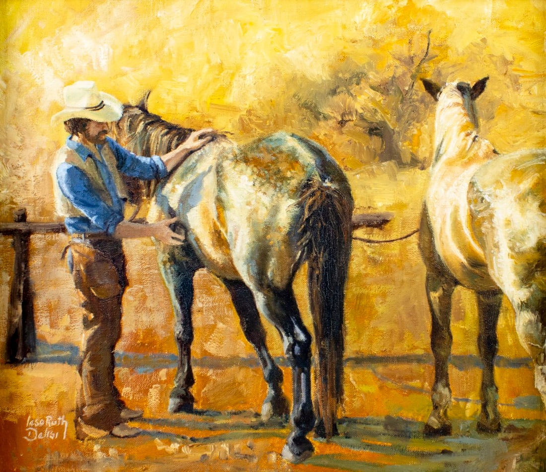 Lesa Delisi (WA,TX,b 1961) oil painting: ARTIST: Lesa Ruth Delisi (Washington, Texas, Born 1961) TITLE: Texas Morning (titled on verso) YEAR: 1988 MEDIUM: oil on canvas CONDITION: Minor craquelu