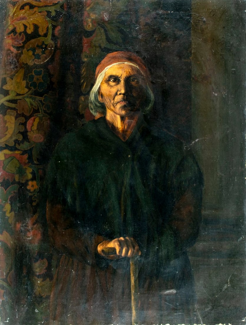 Hall (US,19C) oil painting antique: ARTIST: Hall (American, 19 century) TITLE: Portrait of Old Indian Woman MEDIUM: oil on canvas CONDITION: Some patches. Some scratches/paint losses. Minor craquelure. Some sc