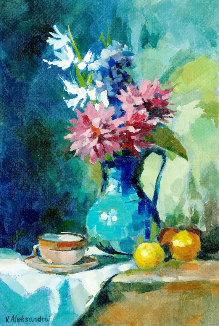 Victoria Aleksandroi (Ukraine,20/21C) oil painting: ARTIST: Victoria Aleksandroi (Ukraine, 20/21 centuries) TITLE: Still Life with Flowers and Fruit MEDIUM: oil on heavy paper CONDITION: Very good. No visible inpaint under UV