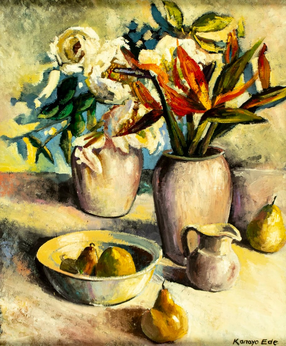 Kanayo Ede (Nigeria,20/21C) oil painting: ARTIST: Kanayo Ede (Nigerian, 20/21 centuries) TITLE: Still Life with Flowers and Pears MEDIUM: oil on canvas CONDITION: Few small paint losses. Minor craquelure. No visible
