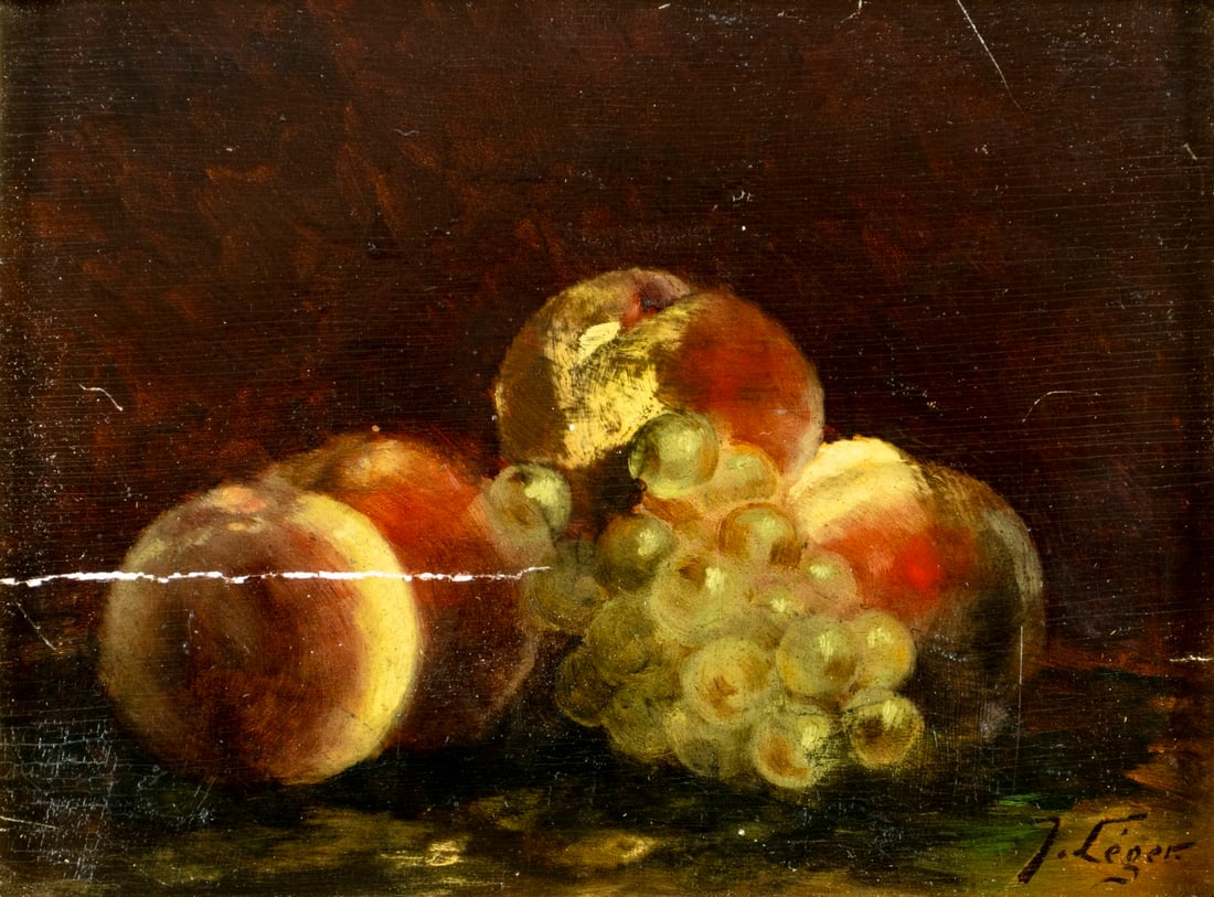J Leger (Europe,19C) oil painting antique: ARTIST: J Leger (European, 19 century) TITLE: Still Life with Grapes and Peaches MEDIUM: oil on board CONDITION: Some scratches/paint losses mostly in the lower left quadran