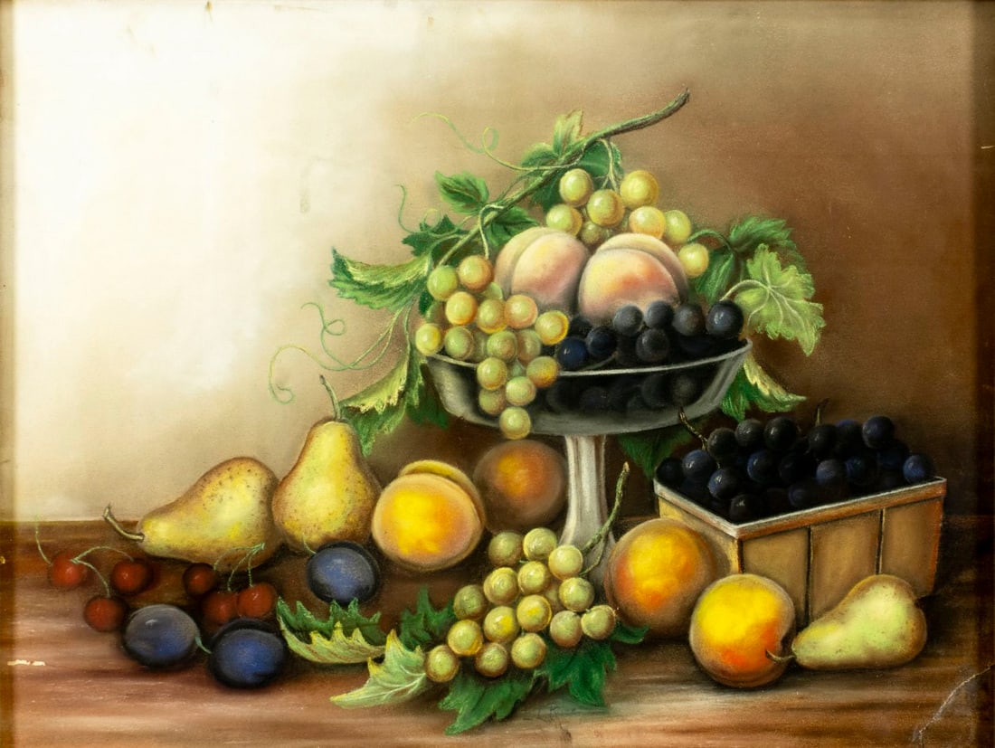 E L Price (US,early 20C) pastel painting antique: ARTIST: E L Price (American, early 20 century) TITLE: Still Life with Fruit MEDIUM: pastel on paper CONDITION: Minor damages to the lower edge. Few small scratches along edg