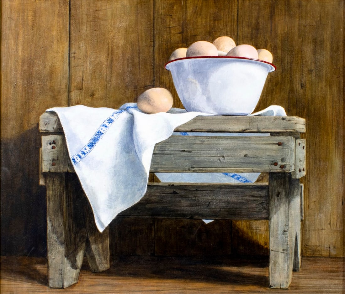 Vintage 20C oil painting: ARTIST: - (20 century) TITLE: Still Life with Eggs MEDIUM: oil on board CONDITION: Overall good. No visible inpaint under UV light. Wear to frame. ART SIZE: