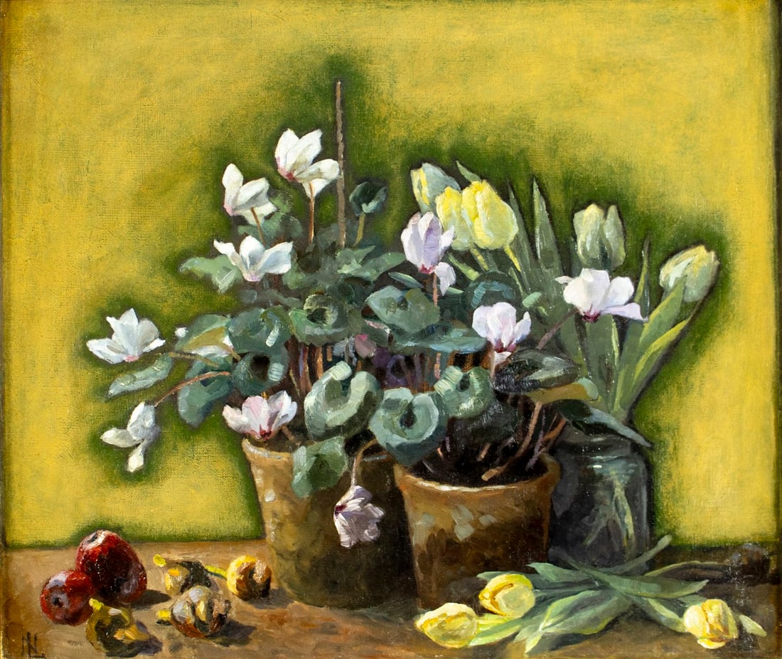 Nicolaus Lutzhoft (Denmark,1864-1928) oil painting antique: ARTIST: Nicolaus Lauritz Holten Lutzhoft (Danish, 1864 - 1928) TITLE: Still Life with Flowerpots MEDIUM: oil on canvas CONDITION: Overall good. No visible inpaint under UV l