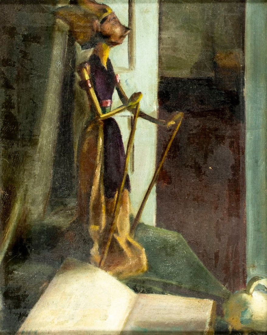 Antique early 20C American oil painting: ARTIST: - (United States, early 20 century) TITLE: Still Life with Puppet MEDIUM: oil on canvas CONDITION: Some small scratches/paint losses. Some craquelure. No visible inp