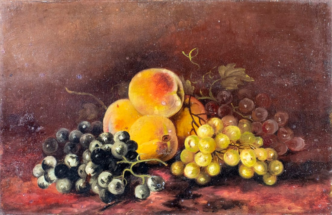 Antique early 20C American oil painting: ARTIST: - (United States, early 20 century) TITLE: Still Life with Peaches and Grapes MEDIUM: oil on board CONDITION: Few small paint losses. Minor craquelure. Some scattere