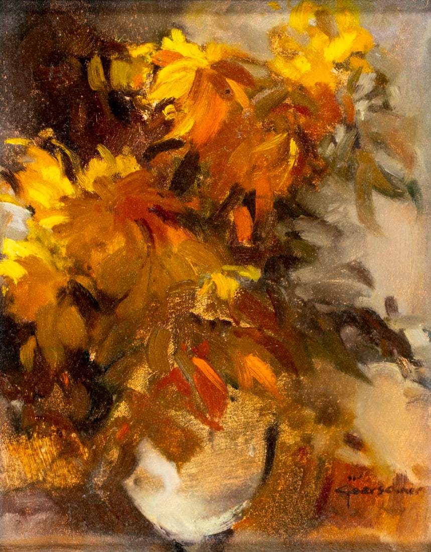 Ted Goerschner (MA,CA,1933-2012) oil painting: ARTIST: Ted Goerschner (Massachusetts, California, 1933 - 2012) TITLE: Studio Flowers (titled on label) MEDIUM: oil on board CONDITION: Overall good. No visible inpaint unde