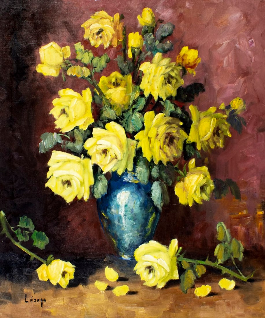 V Lazaro (Spain,1929-?) oil painting: ARTIST: V Lazaro (Spanish, 1929 - ???) TITLE: Still Life with Vase of Yellow Roses MEDIUM: oil on canvas CONDITION: Unstretched (In-House stretching available). Few minor pa