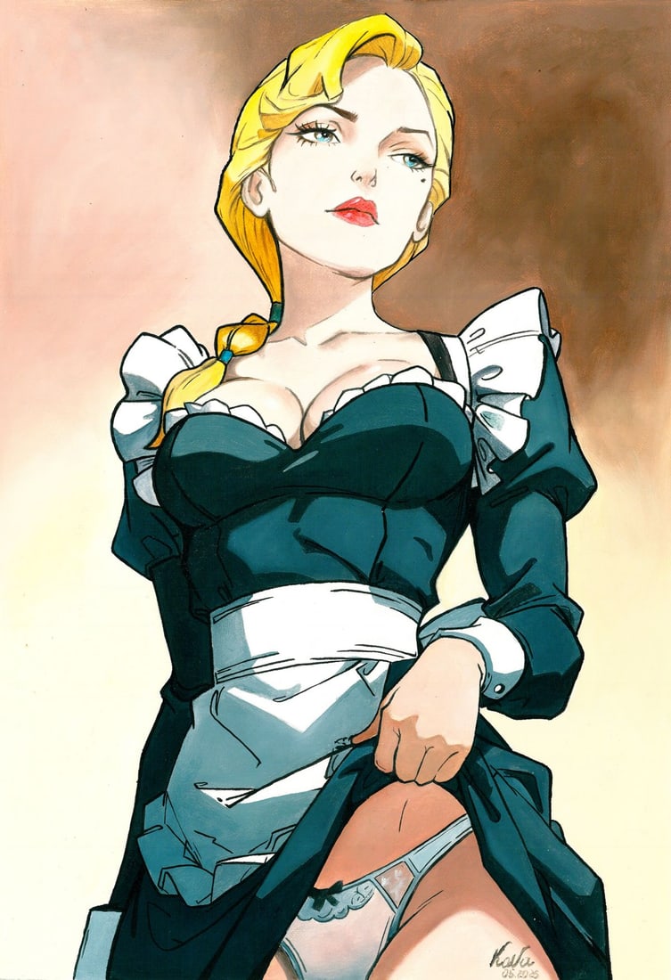 Valeria Kaydan (Ukraine,20/21C) oil painting: ARTIST: Valeria Kaydan (Ukraine, 20/21 centuries) TITLE: Naughty Maid MEDIUM: oil on heavy paper CONDITION: Very good. No visible inpaint under UV light. ART SIZE
