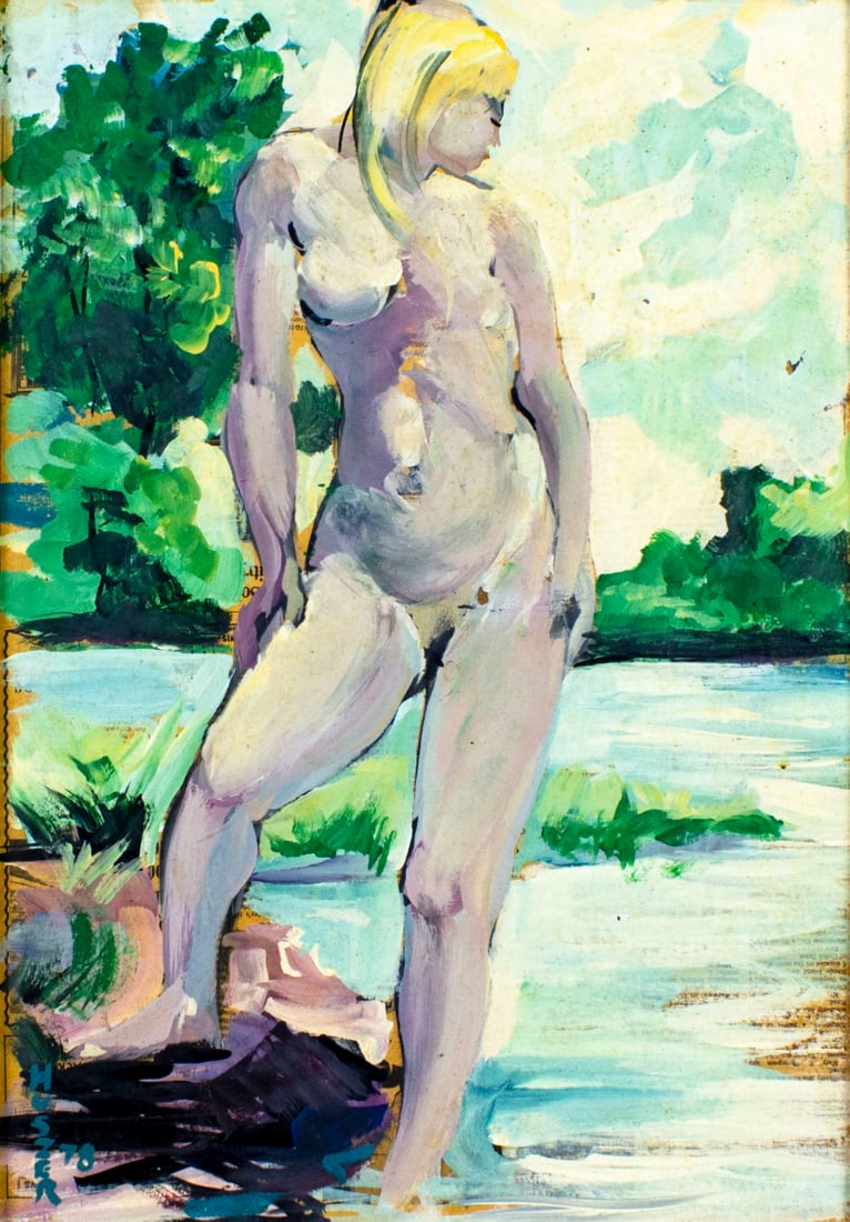 John Huszer (RI,1912-1983) oil painting: ARTIST: John E Huszer (Rhode Island, 1912 - 1983) TITLE: Nude YEAR: 1978 MEDIUM: oil on board CONDITION: Few small paint losses. No visible inpaint under