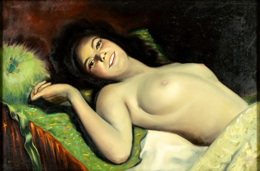 Roy Steinberg (FL,NY,NJ,1929-2016) oil painting: ARTIST: Roy M Steinberg (Florida, New York, New Jersey, 1929-2016) TITLE: Reclining Nude YEAR: 1959 MEDIUM: oil on canvas CONDITION: Few minor paint loss
