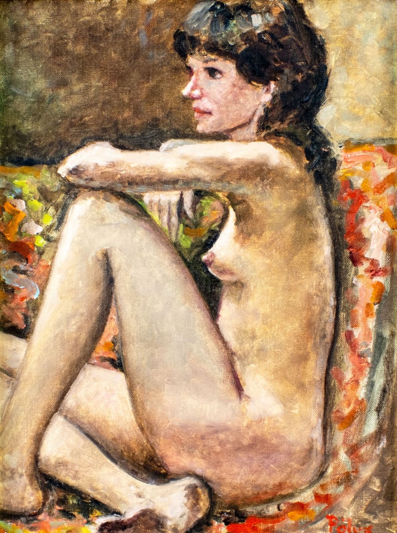 Polux (US,20C) oil painting: ARTIST: Polux (American, 20 century) TITLE: Seated Nude MEDIUM: oil on canvas board CONDITION: Very good. No visible inpaint under UV light. ART SIZE: 1