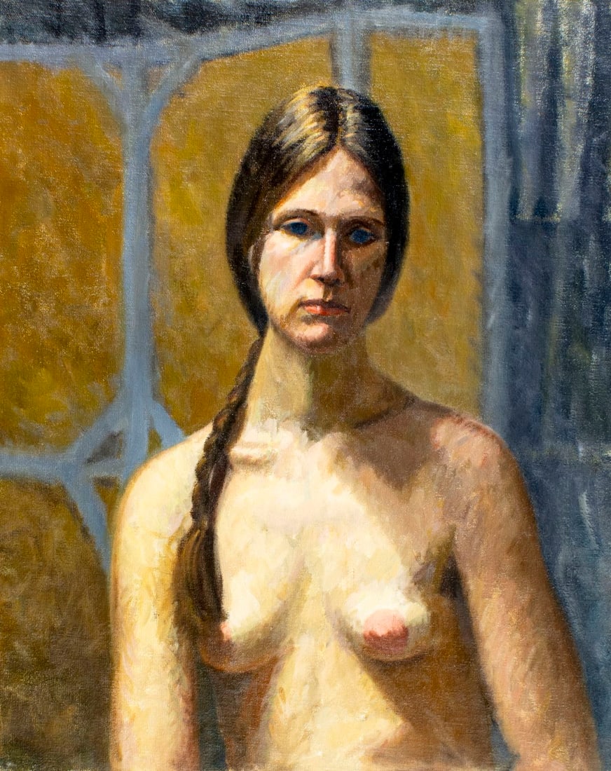 Jim McIntyre (Europe,20C) oil painting: ARTIST: Jim McIntyre (European, 20 century) TITLE: Nude MEDIUM: oil on canvas CONDITION: Unstretched (In-House stretching available) (In-House stretching available). Very go