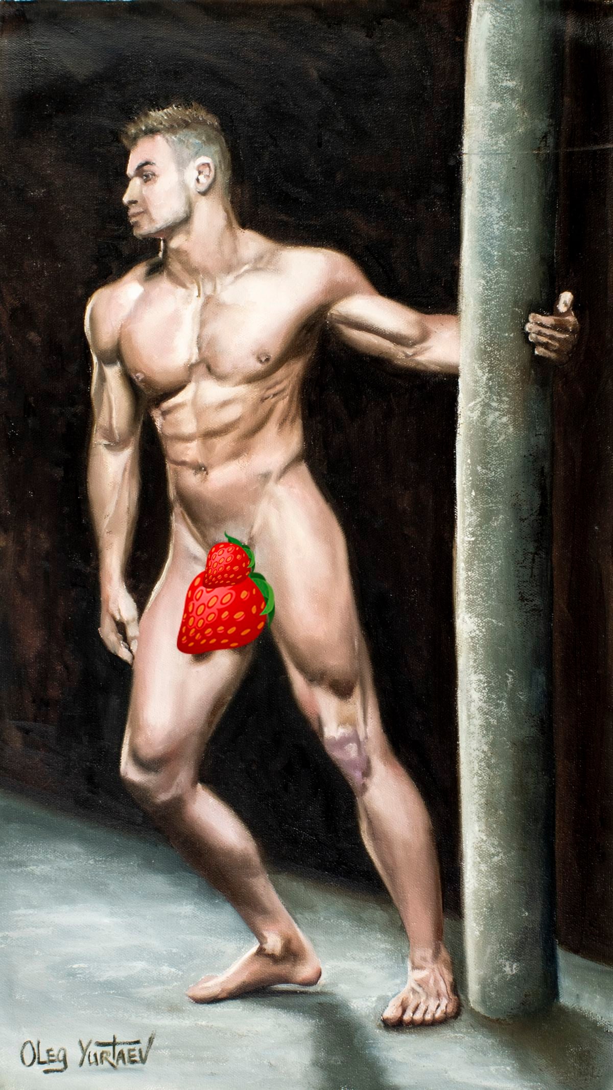 Oleg Yurtaev (Russia,b 1981) oil painting: ARTIST: Oleg Yurtaev (Russian, born 1981) TITLE: Male Nude - You are My Support (titled on verso) MEDIUM: oil on canvas CONDITION: Unstretched (In-House stretching available