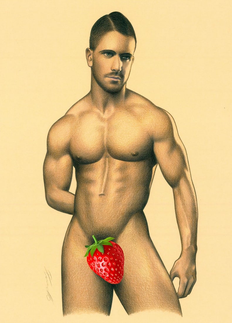 Rene Prudlo (German,b 1974) colored pencil painting: ARTIST: Rene Prudlo (Germany, born 1974) TITLE: Male Nude MEDIUM: colored pencil on heavy paper CONDITION: Very good. ART SIZE: 12 x 8 inches / 30 x 20 c