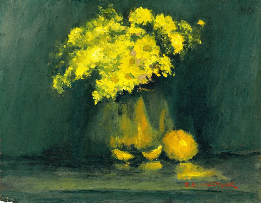 Robert Waltsak (NJ,b 1944) oil painting: ARTIST: Robert Alan Waltsak (New Jersey, born 1944) TITLE: Still Life with Yellow Flowers MEDIUM: oil on board CONDITION: Some damage to the lower left corner. Minor scratch